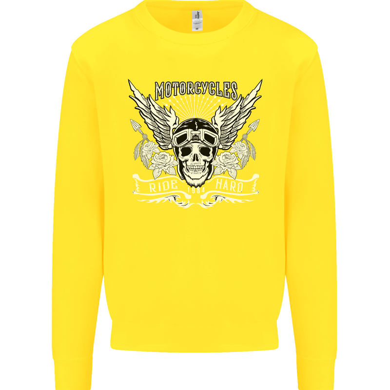 Motorcycles Ride Hard Biker Skull Motorbike Kids Sweatshirt Jumper Yellow