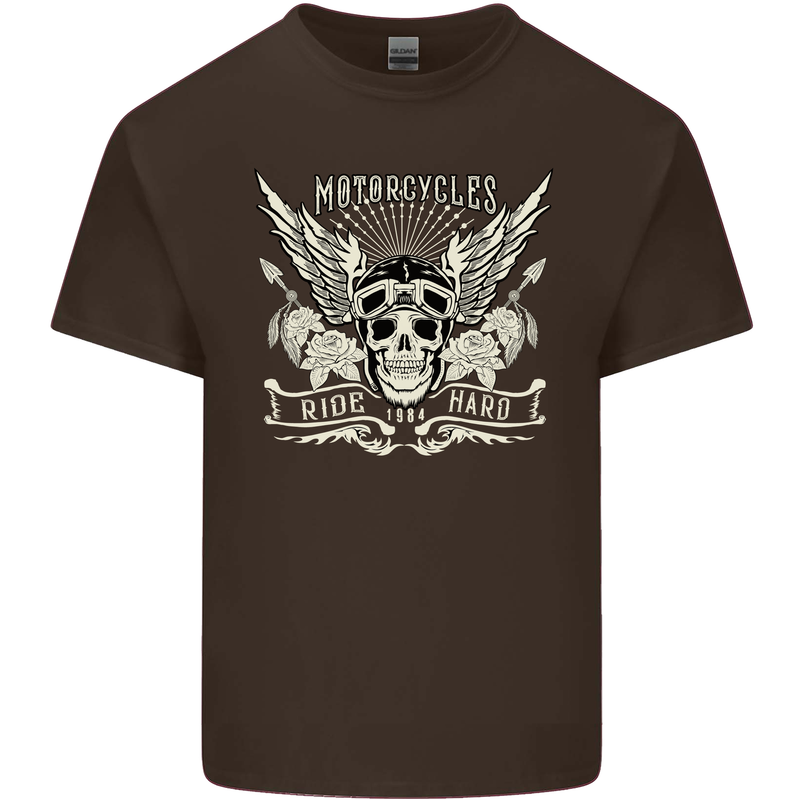Motorcycles Ride Hard Biker Skull Motorbike Kids T-Shirt Childrens Chocolate