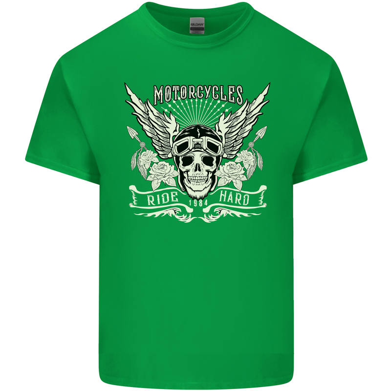 Motorcycles Ride Hard Biker Skull Motorbike Kids T-Shirt Childrens Irish Green