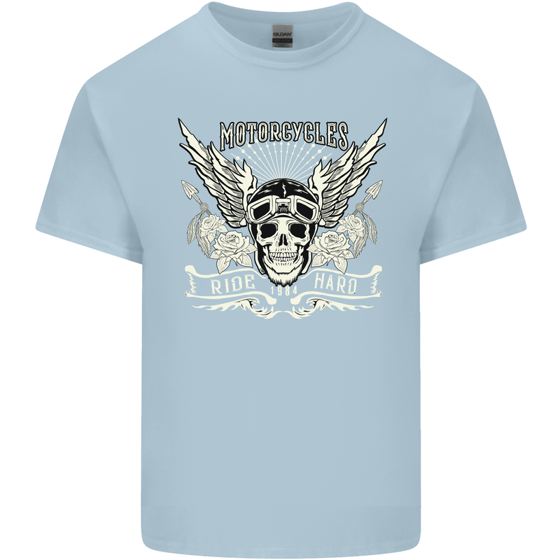Motorcycles Ride Hard Biker Skull Motorbike Kids T-Shirt Childrens Light Blue