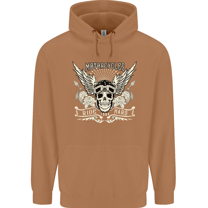 Motorcycles Ride Hard Biker Skull Motorbike Mens 80% Cotton Hoodie Caramel Latte