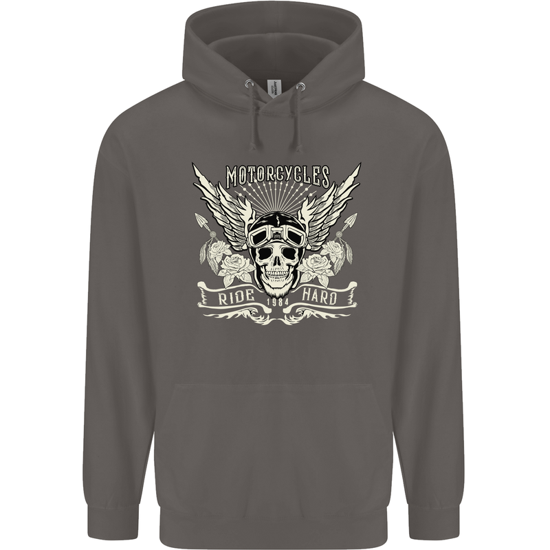 Motorcycles Ride Hard Biker Skull Motorbike Mens 80% Cotton Hoodie Charcoal