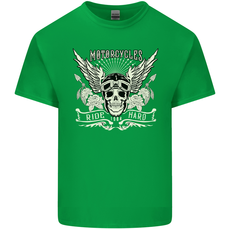 Motorcycles Ride Hard Biker Skull Motorbike Mens Cotton T-Shirt Tee Top Irish Green
