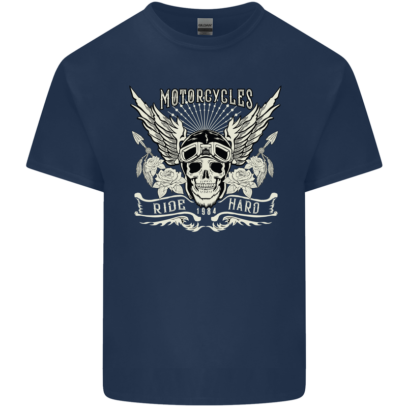 Motorcycles Ride Hard Biker Skull Motorbike Mens Cotton T-Shirt Tee Top Navy Blue