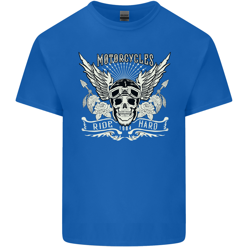 Motorcycles Ride Hard Biker Skull Motorbike Mens Cotton T-Shirt Tee Top Royal Blue