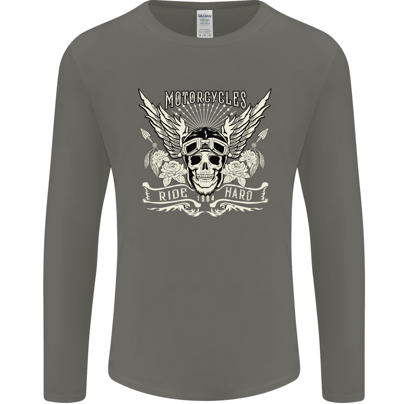 Motorcycles Ride Hard Biker Skull Motorbike Mens Long Sleeve T-Shirt Charcoal