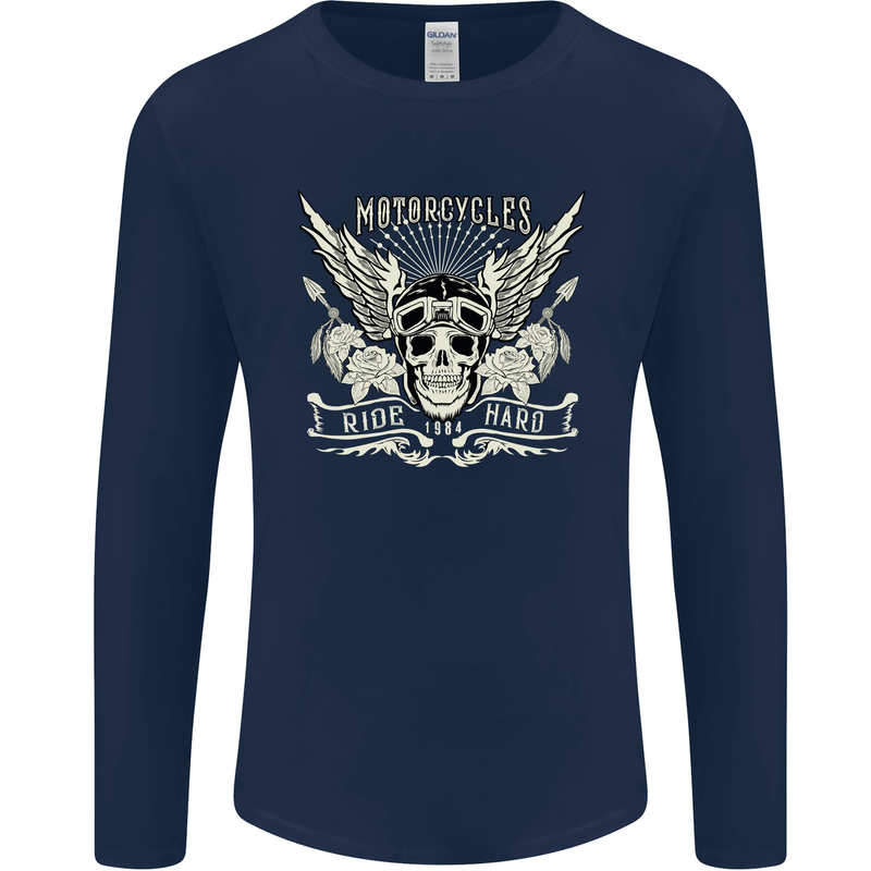 Motorcycles Ride Hard Biker Skull Motorbike Mens Long Sleeve T-Shirt Navy Blue