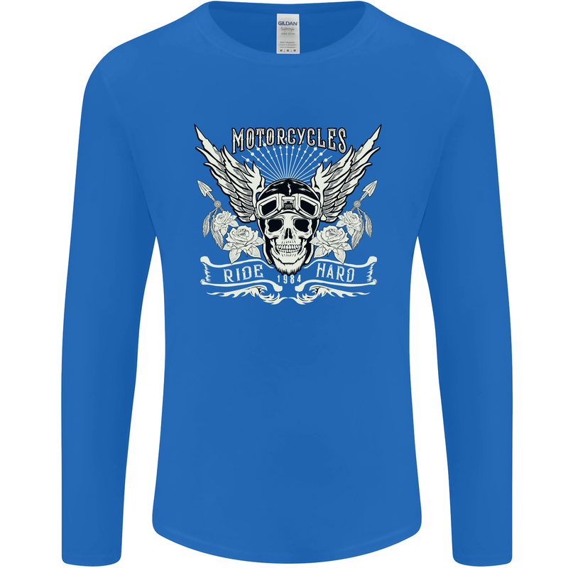 Motorcycles Ride Hard Biker Skull Motorbike Mens Long Sleeve T-Shirt Royal Blue