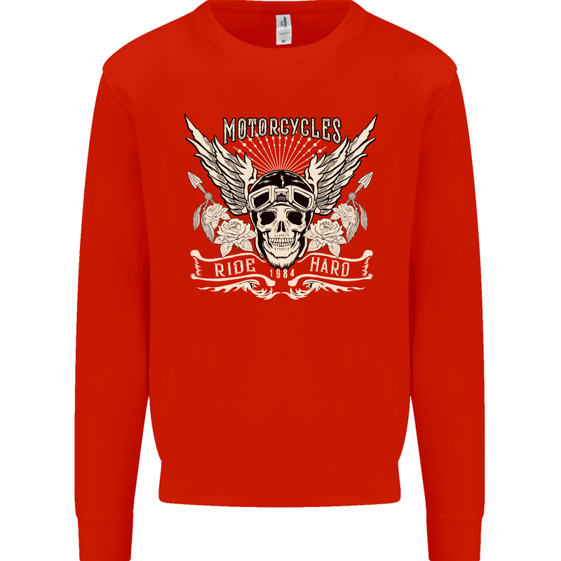 Motorcycles Ride Hard Biker Skull Motorbike Mens Sweatshirt Jumper Bright Red
