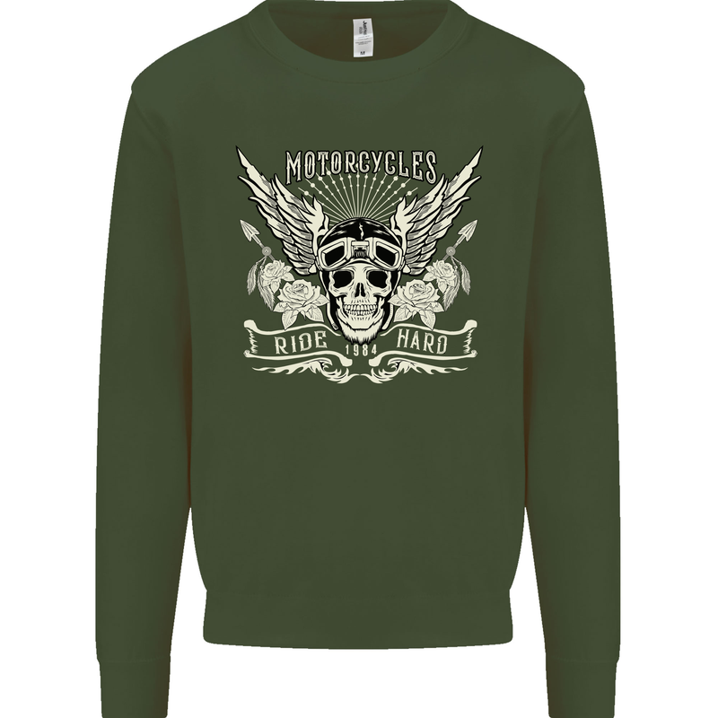 Motorcycles Ride Hard Biker Skull Motorbike Mens Sweatshirt Jumper Forest Green