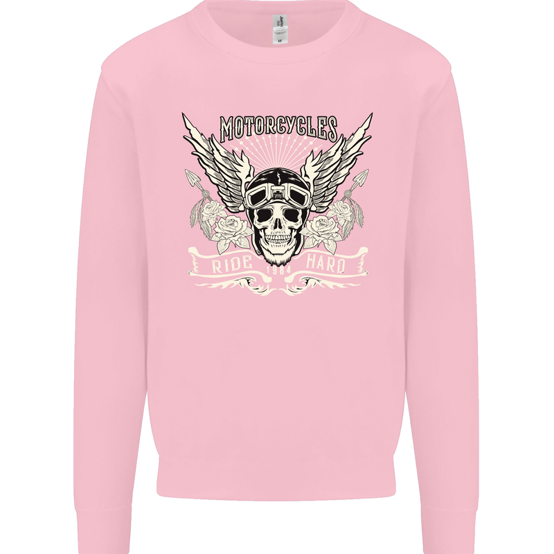 Motorcycles Ride Hard Biker Skull Motorbike Mens Sweatshirt Jumper Light Pink