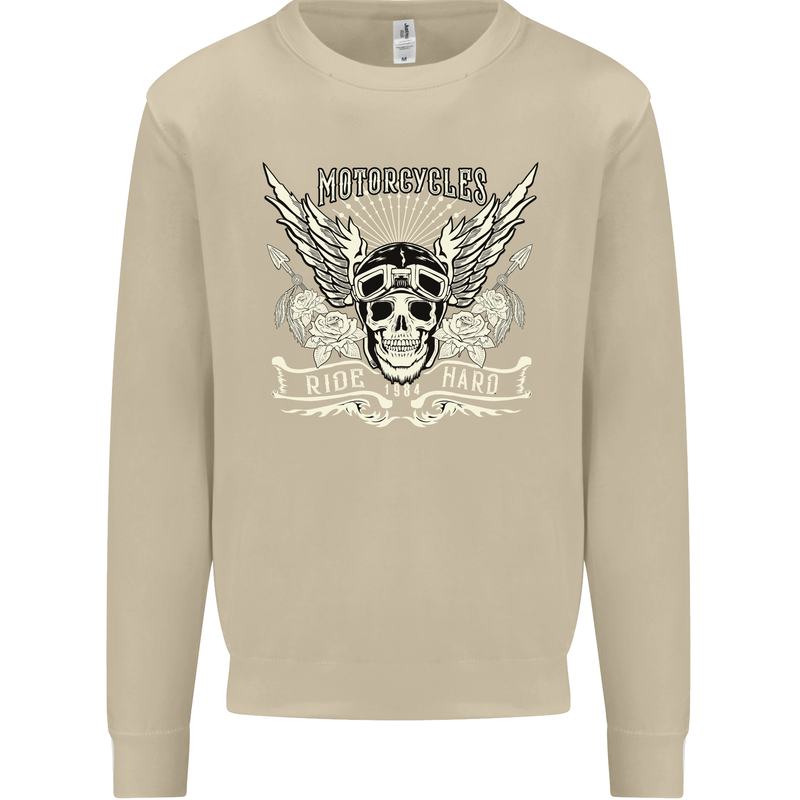Motorcycles Ride Hard Biker Skull Motorbike Mens Sweatshirt Jumper Sand
