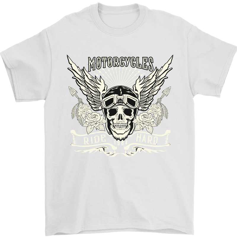Motorcycles Ride Hard Biker Skull Motorbike Mens T-Shirt Cotton Gildan White