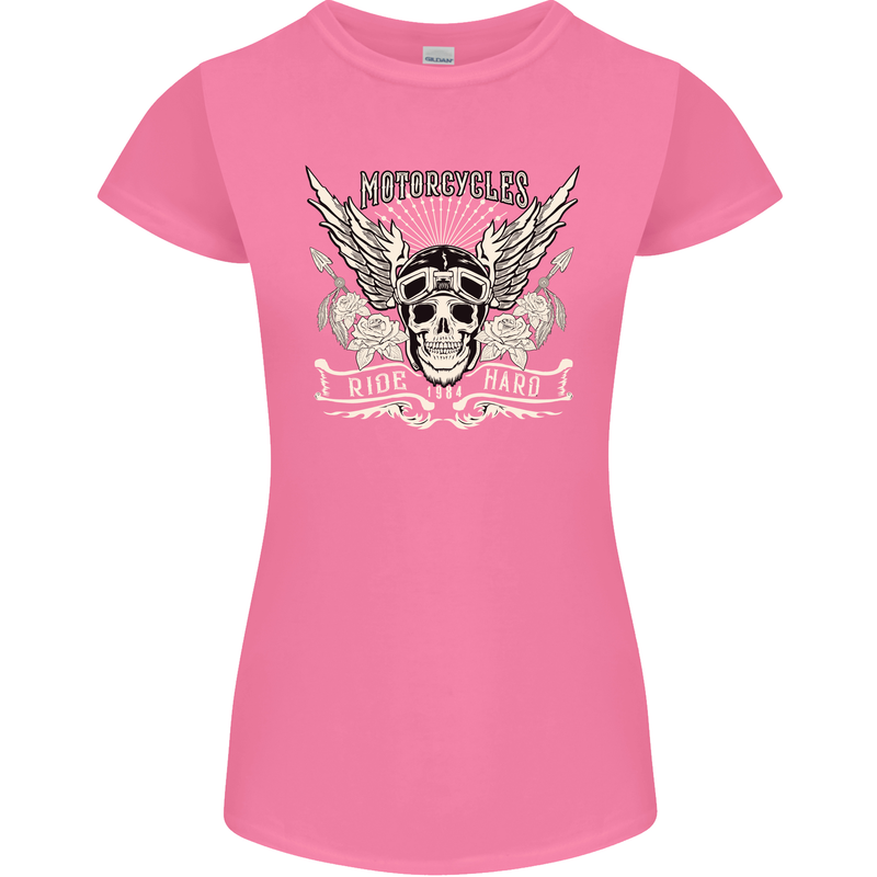 Motorcycles Ride Hard Biker Skull Motorbike Womens Petite Cut T-Shirt Azalea