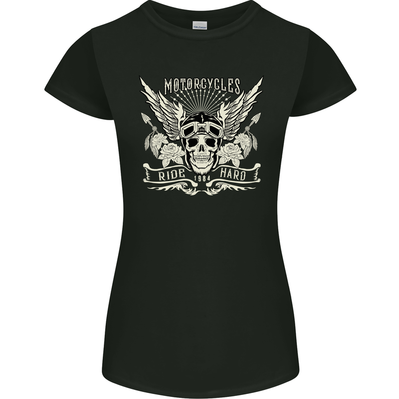 Motorcycles Ride Hard Biker Skull Motorbike Womens Petite Cut T-Shirt Black