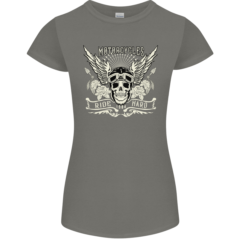 Motorcycles Ride Hard Biker Skull Motorbike Womens Petite Cut T-Shirt Charcoal