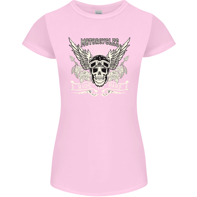 Motorcycles Ride Hard Biker Skull Motorbike Womens Petite Cut T-Shirt Light Pink