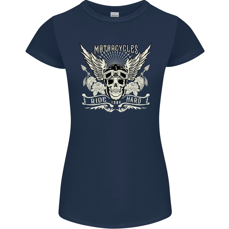 Motorcycles Ride Hard Biker Skull Motorbike Womens Petite Cut T-Shirt Navy Blue