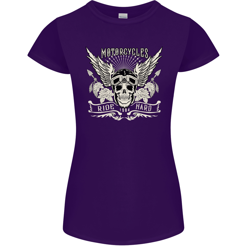 Motorcycles Ride Hard Biker Skull Motorbike Womens Petite Cut T-Shirt Purple