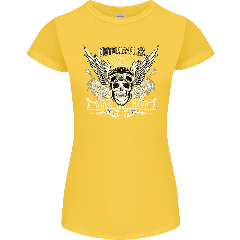 Motorcycles Ride Hard Biker Skull Motorbike Womens Petite Cut T-Shirt Yellow