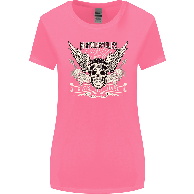 Motorcycles Ride Hard Biker Skull Motorbike Womens Wider Cut T-Shirt Azalea