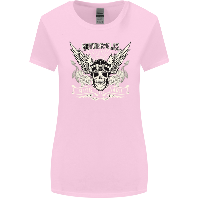 Motorcycles Ride Hard Biker Skull Motorbike Womens Wider Cut T-Shirt Light Pink
