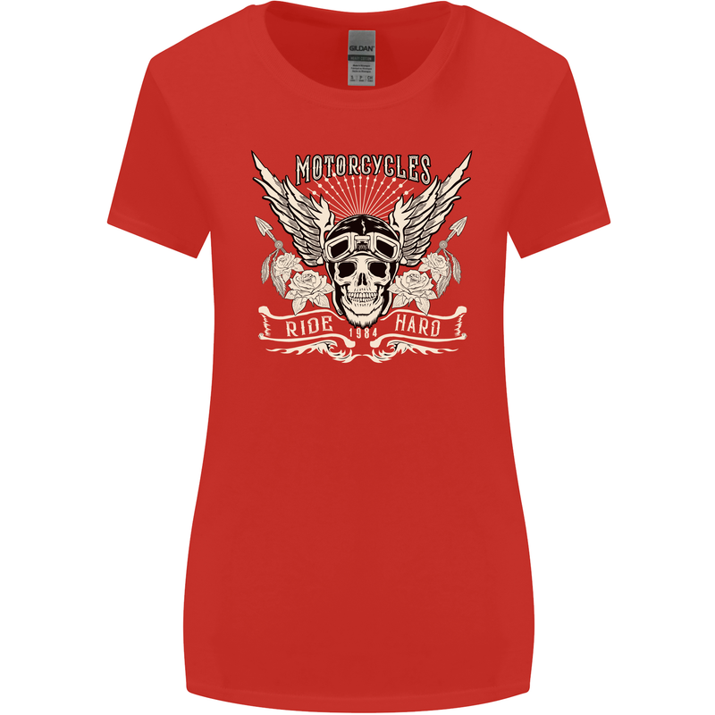 Motorcycles Ride Hard Biker Skull Motorbike Womens Wider Cut T-Shirt Red