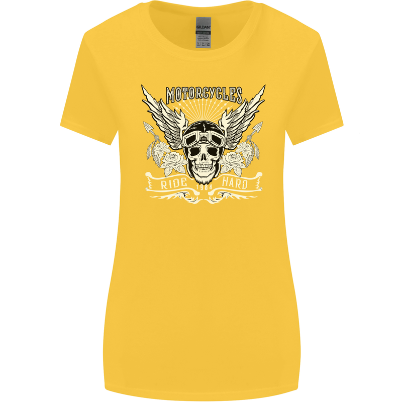 Motorcycles Ride Hard Biker Skull Motorbike Womens Wider Cut T-Shirt Yellow