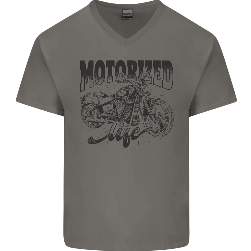 Motorized Life Biker Motorbike Motorcycle Mens V-Neck Cotton T-Shirt Charcoal