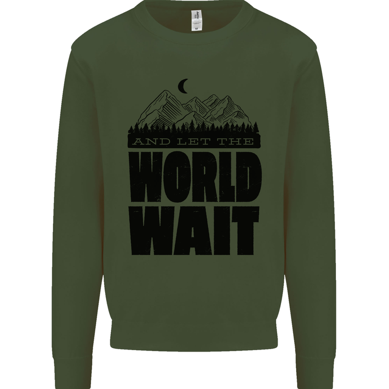 Mountain World Wait Hiking Trekking Walking Kids Sweatshirt Jumper Forest Green