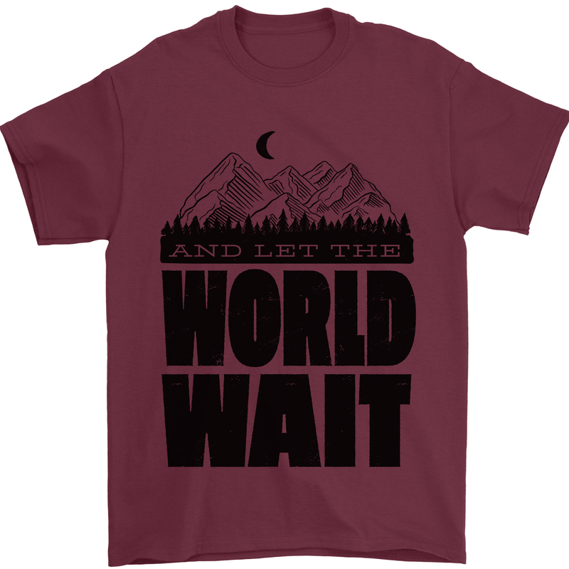 Mountain World Wait Hiking Trekking Walking Mens T-Shirt Cotton Gildan Maroon