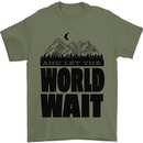 Mountain World Wait Hiking Trekking Walking Mens T-Shirt Cotton Gildan Military Green