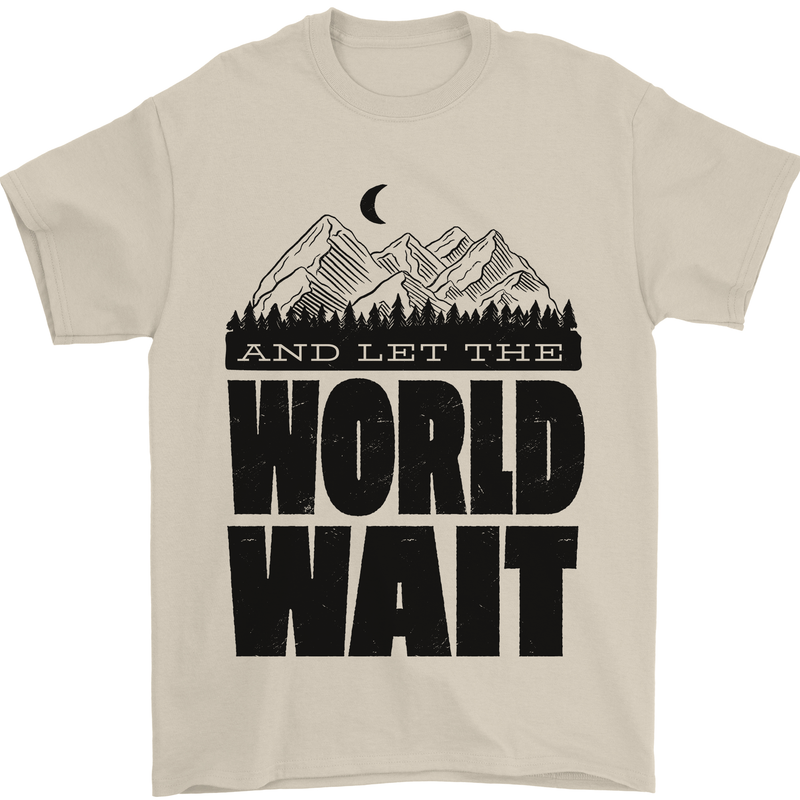 Mountain World Wait Hiking Trekking Walking Mens T-Shirt Cotton Gildan Sand