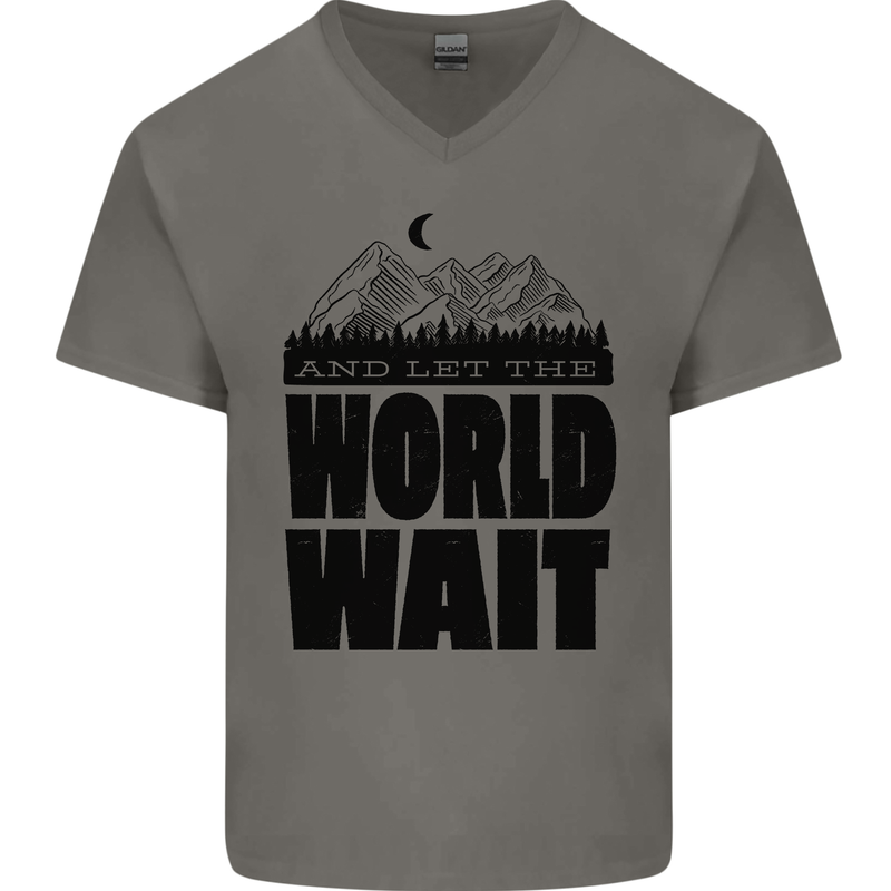 Mountain World Wait Hiking Trekking Walking Mens V-Neck Cotton T-Shirt Charcoal