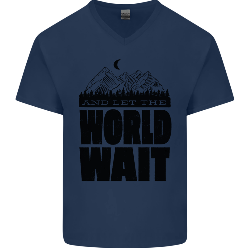 Mountain World Wait Hiking Trekking Walking Mens V-Neck Cotton T-Shirt Navy Blue