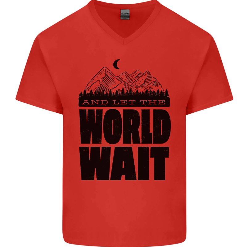 Mountain World Wait Hiking Trekking Walking Mens V-Neck Cotton T-Shirt Red