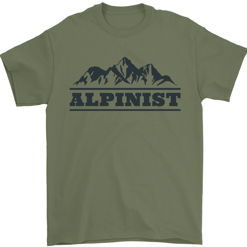 Mountains Alpinist Hiking Climbing Climber Mens T-Shirt Cotton Gildan Military Green