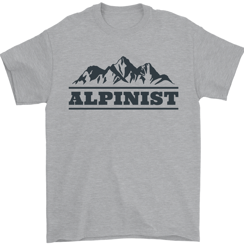 Mountains Alpinist Hiking Climbing Climber Mens T-Shirt Cotton Gildan Sports Grey