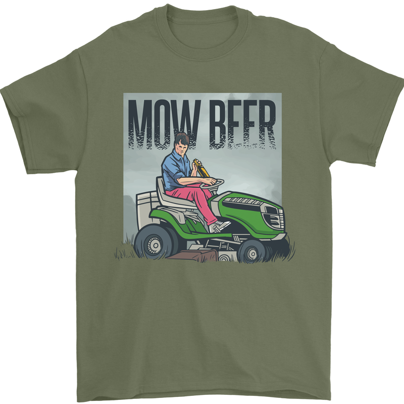 Mow Beer Funny Lawnmower Alcohol Gardening Mens T-Shirt 100% Cotton Military Green