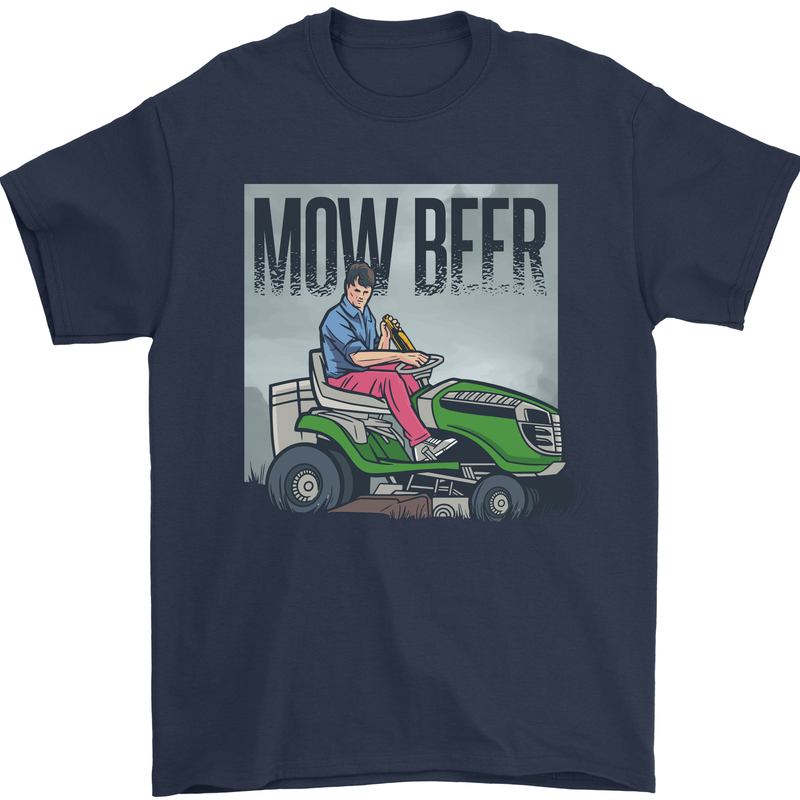 Mow Beer Funny Lawnmower Alcohol Gardening Mens T-Shirt 100% Cotton Navy Blue