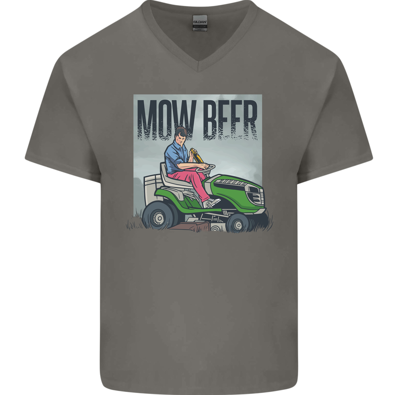 Mow Beer Funny Lawnmower Alcohol Gardening Mens V-Neck Cotton T-Shirt Charcoal