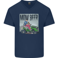 Mow Beer Funny Lawnmower Alcohol Gardening Mens V-Neck Cotton T-Shirt Navy Blue