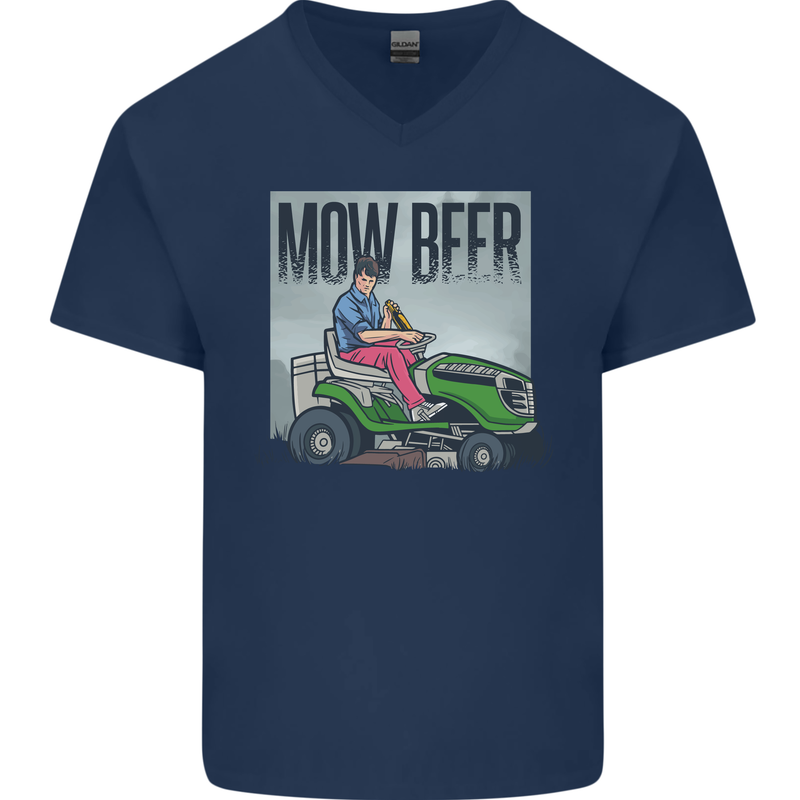Mow Beer Funny Lawnmower Alcohol Gardening Mens V-Neck Cotton T-Shirt Navy Blue