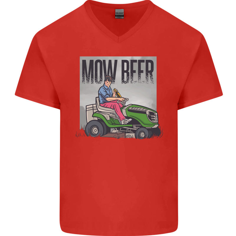 Mow Beer Funny Lawnmower Alcohol Gardening Mens V-Neck Cotton T-Shirt Red