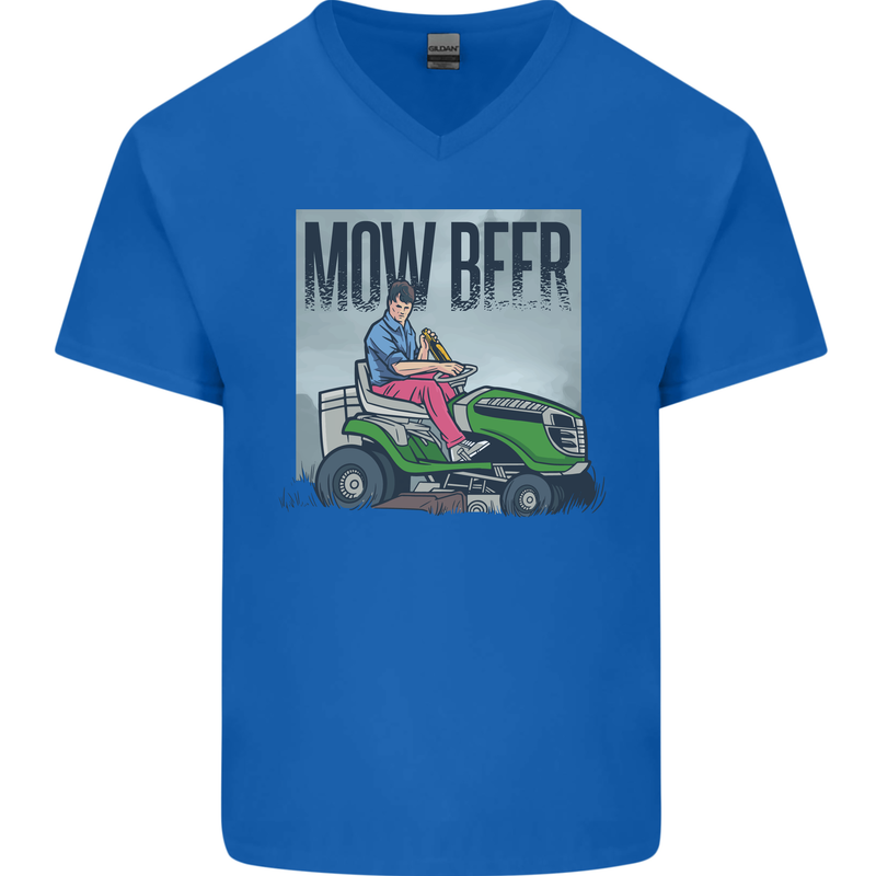 Mow Beer Funny Lawnmower Alcohol Gardening Mens V-Neck Cotton T-Shirt Royal Blue