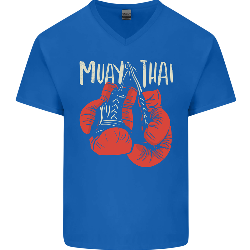 Muay Thai Boxing Gloves MMA Mens V-Neck Cotton T-Shirt Royal Blue