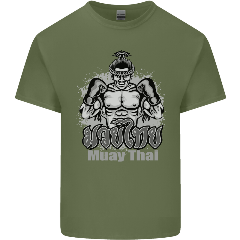 Muay Thai Boxing MMA Martial Arts Kick Mens Cotton T-Shirt Tee Top Military Green