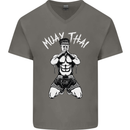 Muay Thai Fighter Mixed Martial Arts MMA Mens V-Neck Cotton T-Shirt Charcoal