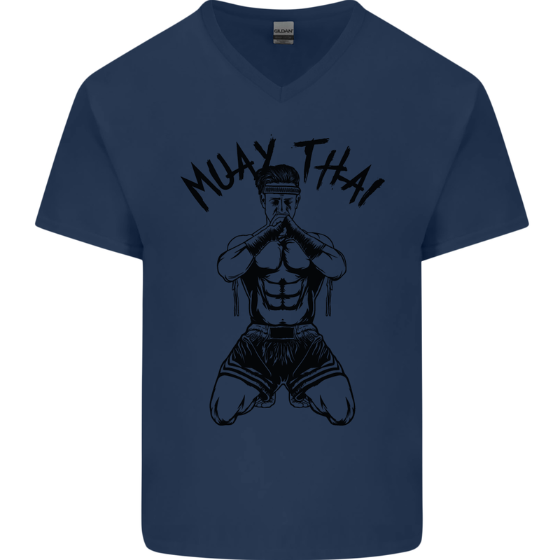 Muay Thai Fighter Mixed Martial Arts MMA Mens V-Neck Cotton T-Shirt Navy Blue