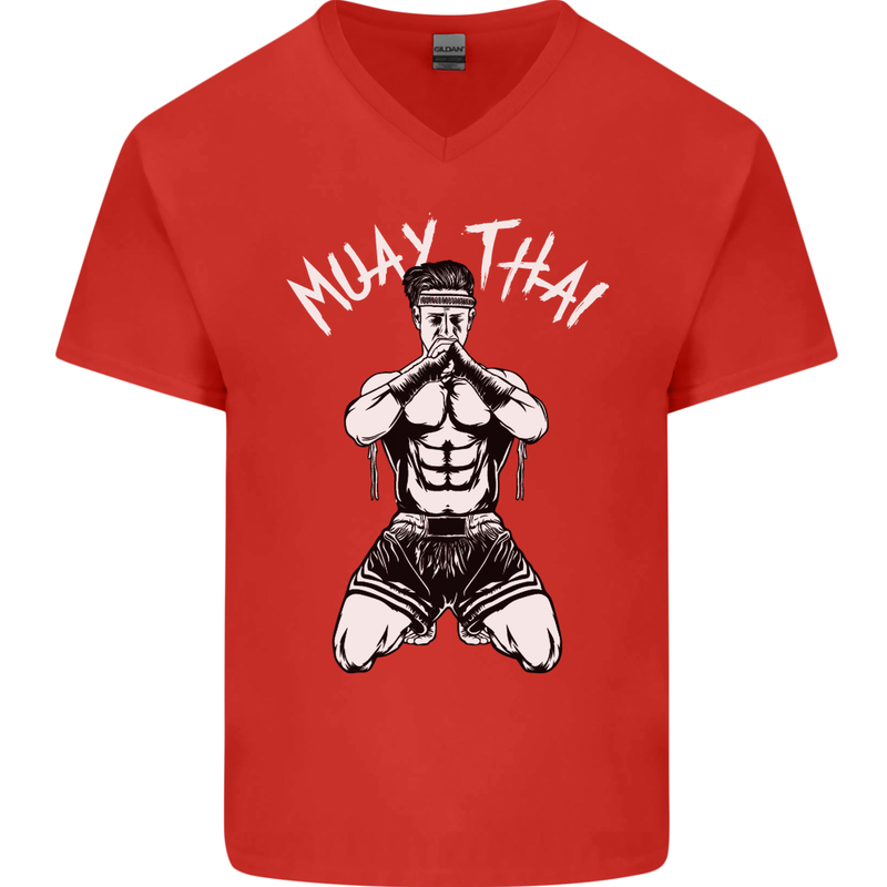 Muay Thai Fighter Mixed Martial Arts MMA Mens V-Neck Cotton T-Shirt Red